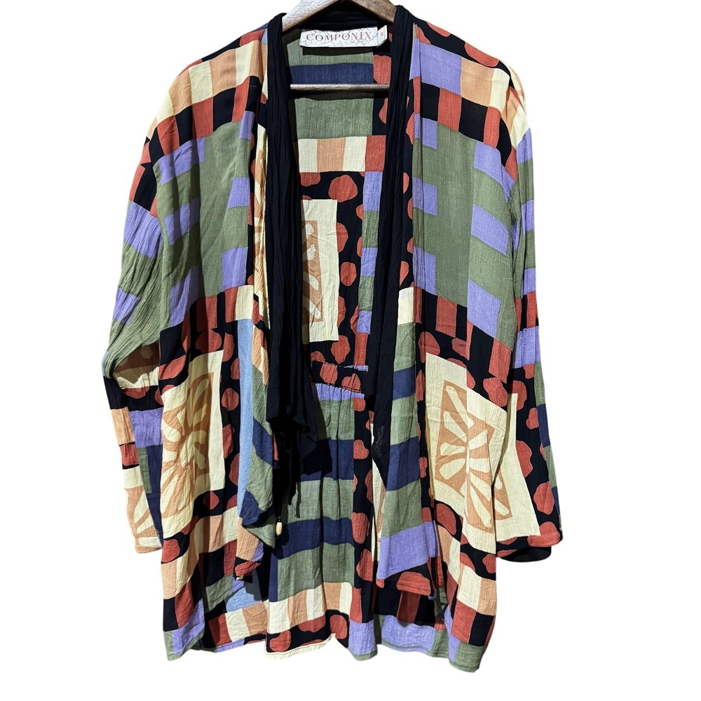 Vintage Componix Jacket Womens Medium‎ Multicolor Abstract Rayon Open Duster 90s